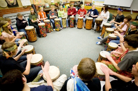 NICK WOLCOTT/CHRONICLE Sacajawea MIddle School students drum in Irena Beard's world music class on Tuesday. The Bozeman School Board heard an overview of the district's music, arts and health curriculum on Tuesday at the school.